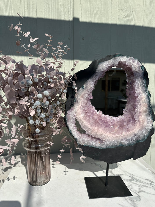 Large Pink Amethyst Portal Mirror on stand