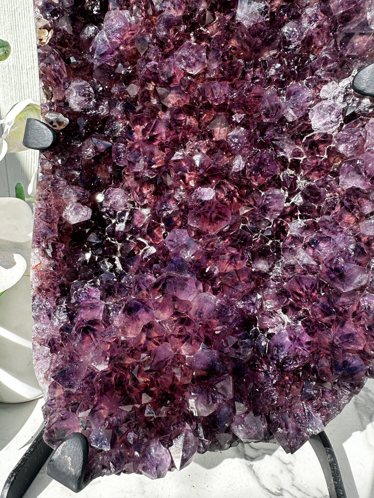 Purple Amethyst cluster with Calcite formation on stand