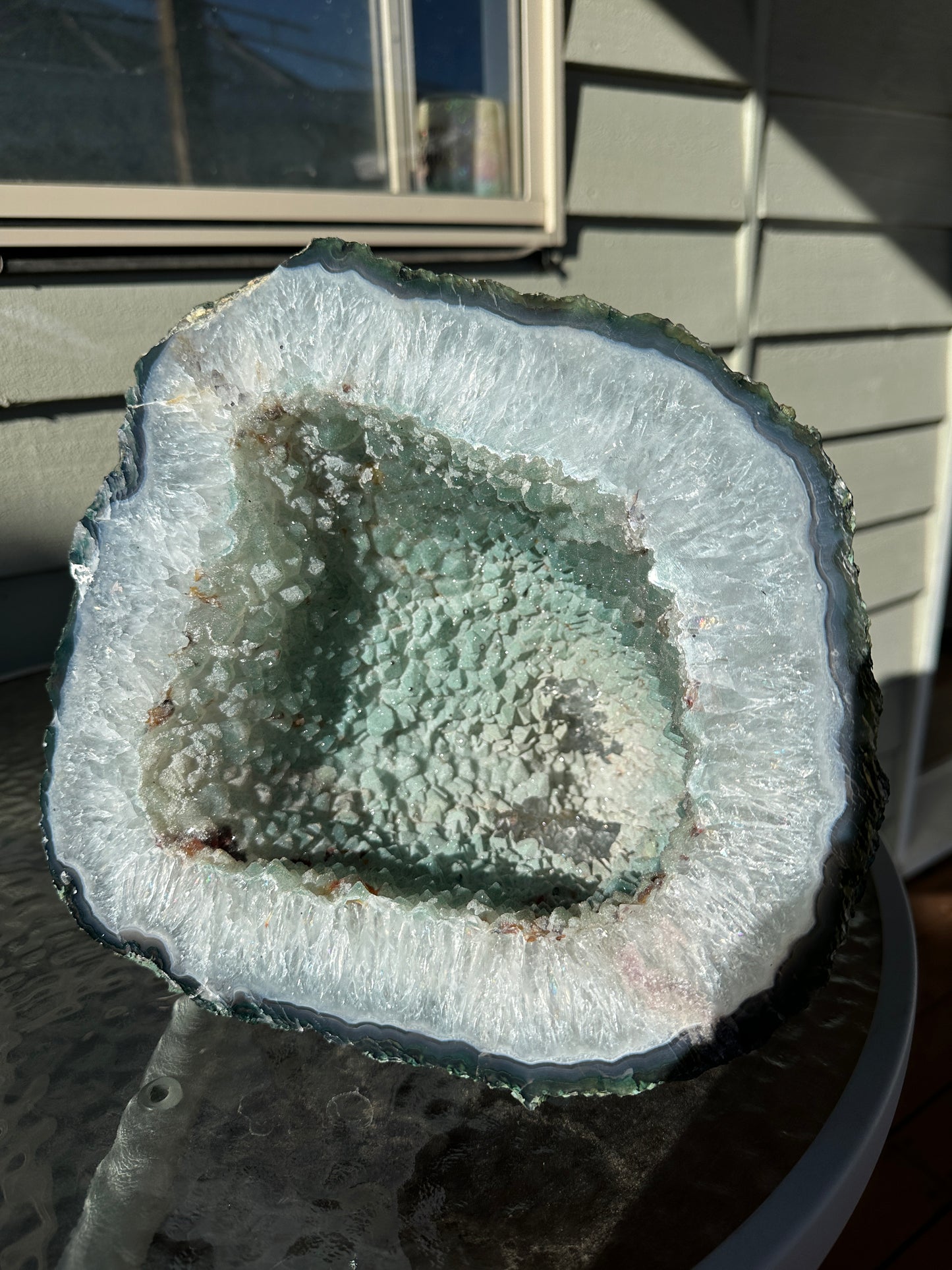 Collectors Piece Mint Green Candy Amethyst Geode formation on spinning stand